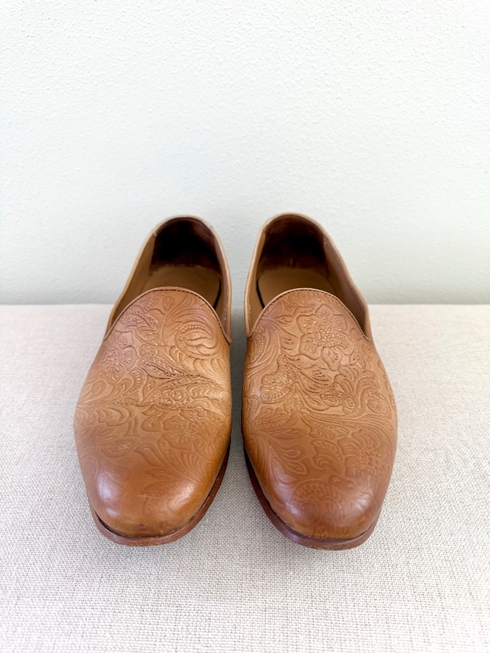 TAFT Mens Embossed Floral Leather Loafers Cognac Tan Handmade Spain EU 40.5